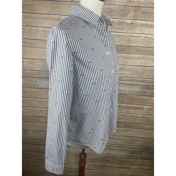 Banana Republic Small Quinn Boy Fit Button Up Striped Lip Print Blouse Blue Pink - Picture 8 of 11